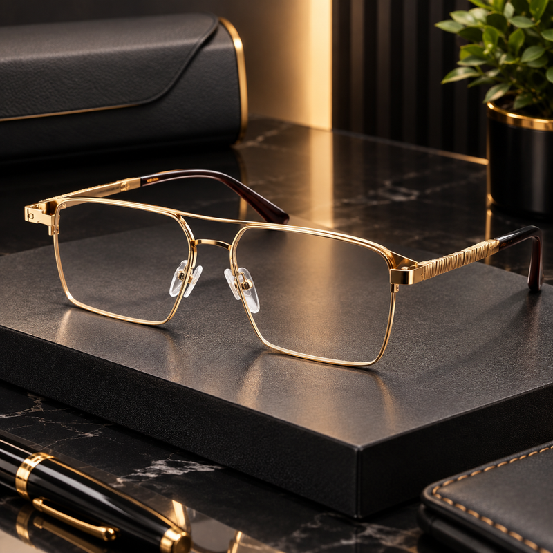 POLICE Gold Metal Square Aviator Glasses – Ribbed Temple Edition