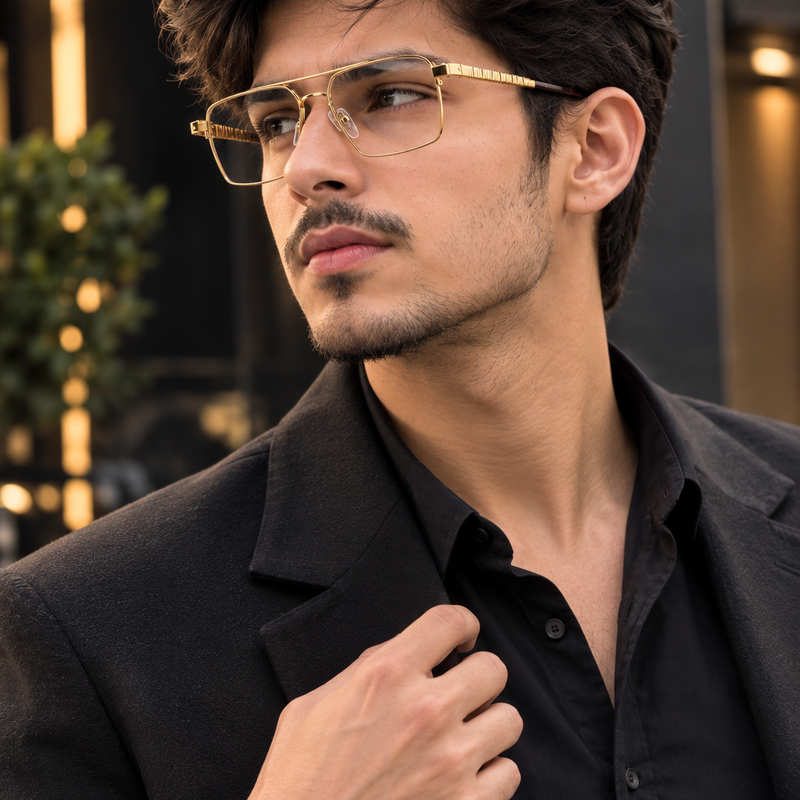 POLICE Gold Metal Square Aviator Glasses – Ribbed Temple Edition